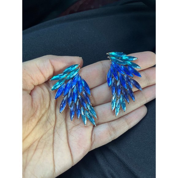 Large Blue earring stud wing crystal Rhinestone Crystal aqua teal oversized - Picture 2 of 7
